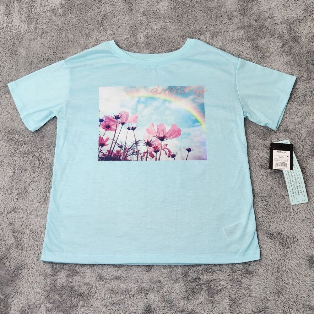 Art Class Graphic Shirt Girls XL 14/16 Dreamy‎ Blue Floral Rainbow Sleepwear Top